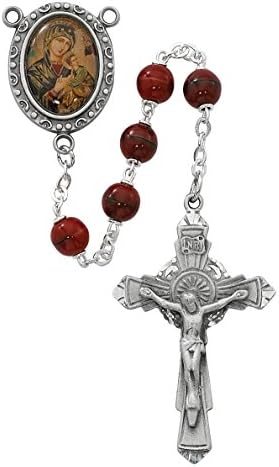 7MM O.L. Perpetual Help Rosary, 7MM RED Marble Beads with Pewter Crucifix and Pewter Photo Center of Our Lady of Perpetual Help, ED.