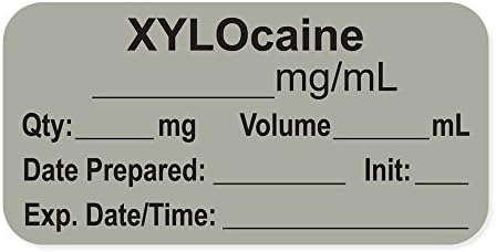 PDC Healthcare LAN-2-105 Anesthesia Label with Exp. Date, Time, and Initial, Paper, Permanent,"XYLOcaine mg/mL", 1" Core, 1-1/2" x 3/4", 500 per Roll, Gray (Pack of 500)