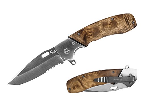 Folding Pocket Knife - HAUS Renegade EDC Folding Knife, Stainless Steel Blade, Burrow Wood Handle, 5 Inch Folded