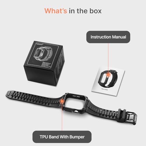 Fullmosa Compatible with Apple Watch Band 44mm 45mm Rugged TPU with Bumper Case and Screen Protector, Compatible with Apple Watch SE3/2/1 Series 9/8/7/6/5/4.45mm Black