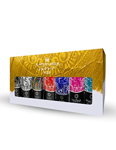 YULIIA Kit Estuche con 7 Botellas a Base de Mezcal - Incluye Espadín, Tepeztate, Tobalá y Sabores Maracuyá, Coco, Café y Jamaica, 50ml c/u