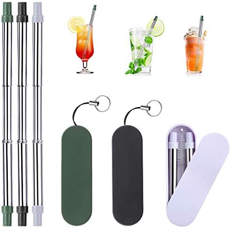 Telescopic Reusable Straws - Baban Portable Drinking Straw Set, Made of Food-Grade Silicone & Stainless Steel with Hard Case Holder Cleaning Brush Keyring for Travel, Household, Outdoor(3 Pack)