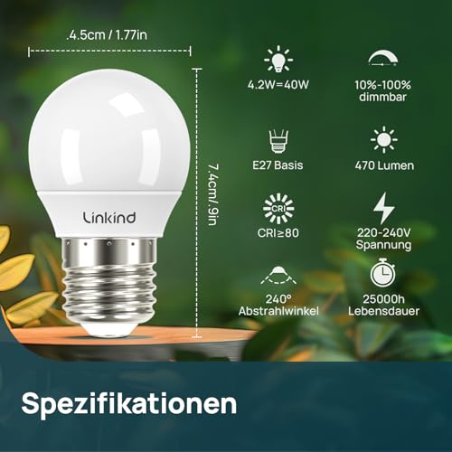 Linkind Dimmable E27 LED Golf P45/G45 Light Bulb, 4.2 W, Replaces 40 Watt, 2700 K Warm White Ball Lamp, 470 Lm, Energy Saving Bulb, Small P45, Pack of 6