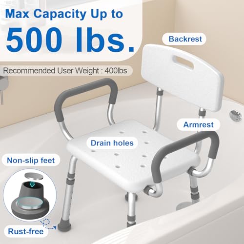 HOMLAND Shower Chair for Inside Shower with Arms and Back, 500 lbs Heavy Duty Shower Seat for Bathtub, Height Adjustable Safety Bath Seat for Elderly, Adults, Handicap and Disabled, White