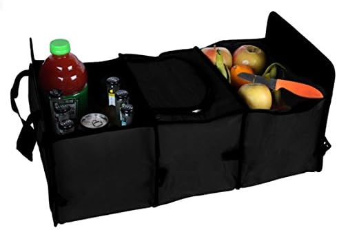 Car Auto Trunk Organizer With Cooler Bag Cherbell Durable Collapsible Cargo Storage 3-Compartment Black Fabric Trunk Cargo Organizer