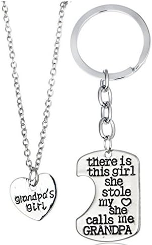 Dreamhomead Grandpa Daughter Keyring Keychain Grandpa Girl Pendant Necklace Set Father's Day Gift Birthday Gifts With a Velvet Bag