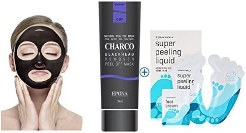 [EPONA] Korean Cosmetics Blackhead Remover Peel Off Natural Charcoal Mask for Acne (100ml) BUNDEL with Shiny Foot Super Peeling Liquid, 0.85 fl. oz.