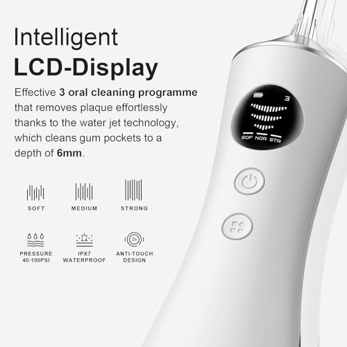 Water Flosser for Teeth Cordless, 300ML Portable Oral Irrigator with Screen Display, 3 Intensity Modes and 3 Flossing Tips, 60-Day Battery Life，IP68 Waterproof Dental Flosser for Home