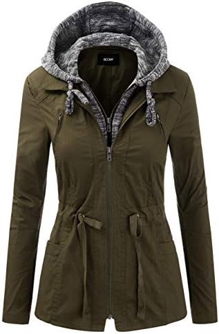 FASHION BOOMY Women's Zip Up Safari Military Anorak Jacket with Hood Drawstring - Regular and Plus Sizes