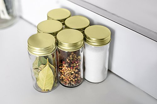 Nellam French Round Glass Spice Jars - Set of 12 with Shaker Lids and Chalkboard Sticker Labels, Small 4oz Bottles - Stackable Herbs and Spices Containers - Decorative Organizers in Gold