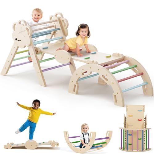 COSYLAND Pikler Triangle Set - 8 in 1 Large Montessori Climbing Toys for Indoor - Wooden Foldable Jungle Gym for Toddler & Baby, CPC/SOR/CE Certified Enjoys Unique Patented Design, Rainbow