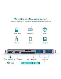 anyqoo Thunderbolt 3 USB C Hub tipo C Hub adaptador con pass through, 40 GBS Thunderbolt 3 de carga, 2 puertos USB 3.0 y lector de tarjetas SD TF para 13"&15" nuevo MacBook Pro 2016 2017 (Gris)