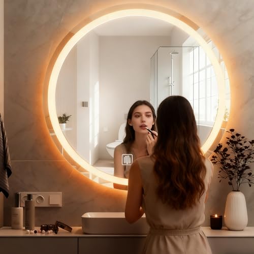 Espejo de baño circular de 80 cm con iluminación LED,función inteligente antivaho, 3 ajustes de temperatura de color ajustables, funcionamiento con control táctil,adecuado para baños y dormitorios
