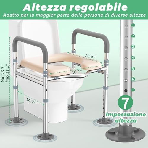 Rialzo WC per Anziani, Alzata per WC Regolabile in Altezza Alzawater per Anziani, Comoda WC Alzata Water per Anziani con Seduta Imbottita e Telaio in Alluminio, Braccioli per WC