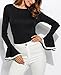 Qearal Women's Loose Casual O-Neck Solid Bell Sleeve Blouse T-Shirts Long Flare Sleeve Ruffle Top (S, Black)