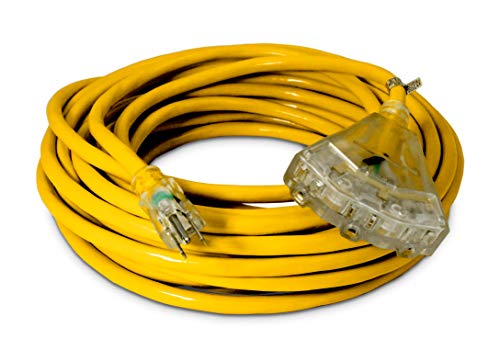 50-ft 12/3 Heavy Duty 3-Outlet Lighted SJTW Indoor/Outdoor Extension Cord by Watt's Wire - Yellow 50' 12-Gauge Grounded 15-Amp Three-Prong Power-Cord (50 foot 12-Awg)