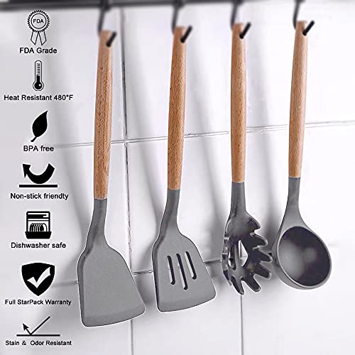 Charlemain 33pcs Ustensiles de Cuisine Silicone en Bois Gris