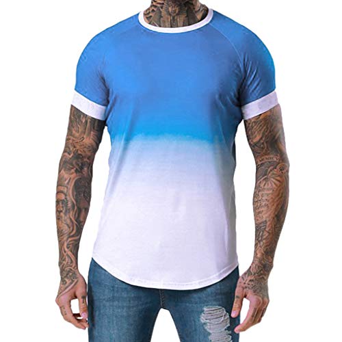 iYBUIA Summer Men's Patchwork Graduated Short Sleeved T-Shirt Top Blouse Blue