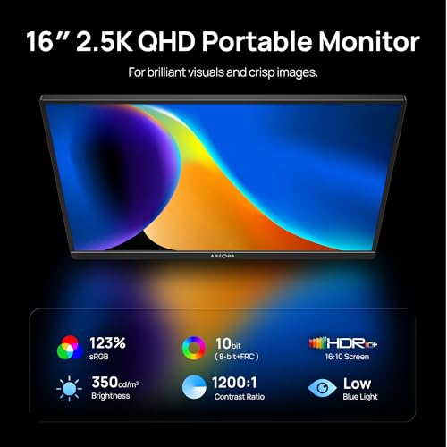 ARZOPA 2.5K Monitor portátil 16» 2560x1600 HDR Kickstand Display,8bit QHD USB-C HDMI Monitor portátil, 16:10 IPS Eye Care Segunda Pantalla Externa para Mac PC Teléfono PS4/5 Xbox - Z1RC