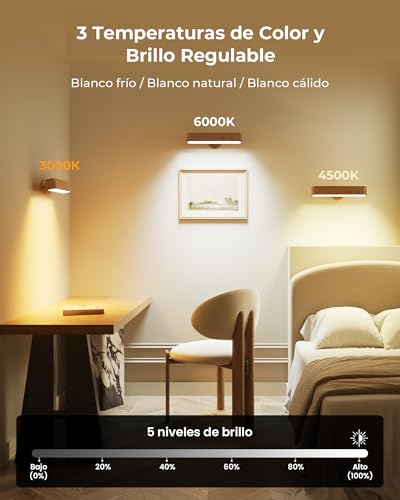 Ufanore Lampara de Pared, Juego de 2 Apliques de Pared Recargable y Inalámbricas, Madera LED Iluminación de Pared Magnético 360° con Control Remoto y Táctil, 3 CCT, 5 Niveles 15 Colores RGB, Nogal