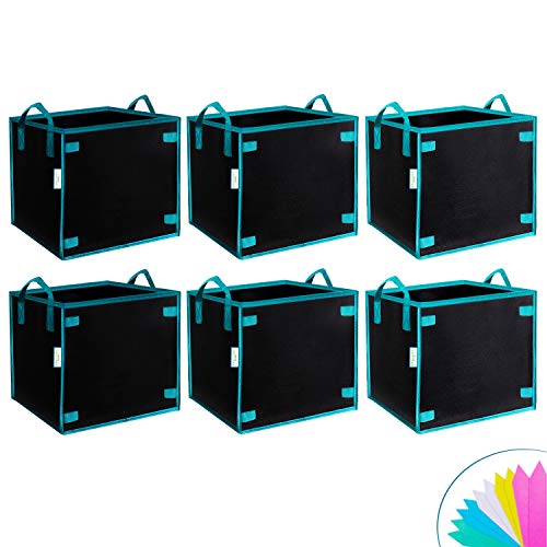 OPULENT SYSTEMS 6 Pack 10 Gallon Heavy Duty Square Grow Bags Thickened Nonwoven Fabric Pots with Handles and Stick Holders for Poles (Black)