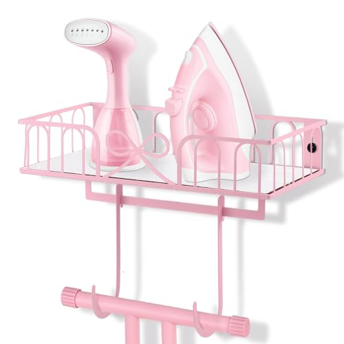Geelin Pink Bow Ironing Board Hanger Wall Mount Coquettish Pink Laundry Room Decor Metal Iron and Ironing Board Holder with Large Storage Wooden Base Basket and Removable Hooks