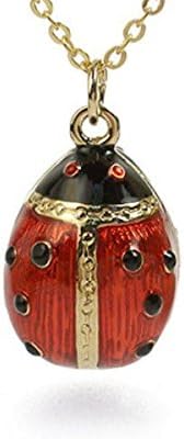 'Petite Coccinelle' Russian Faberge Style Red and Black Egg Ladybug Pendant Necklace, 18" Charm 0.75"