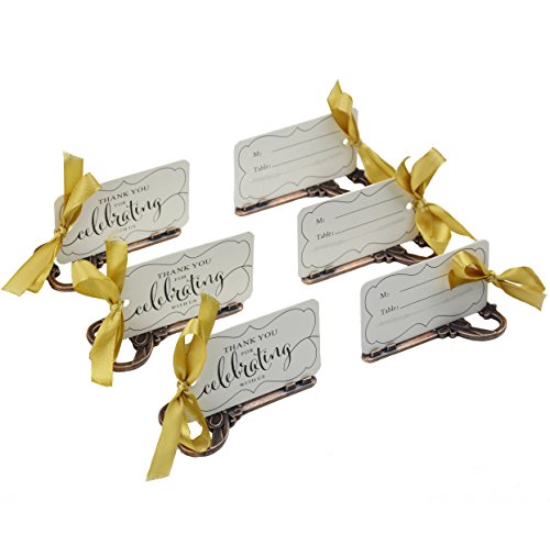 Aokbean 50pcs Multi Function Vintage Skeleton Key Bottle Opener Place Card Holders for Weddings Table Name Cards for Guest Souvenir French Ribbon (Antique Copper)