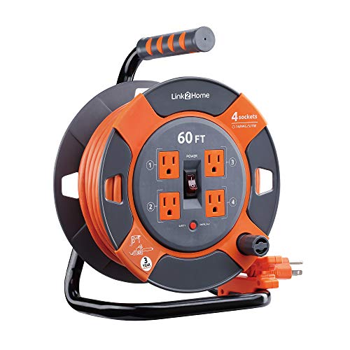 Link2Home 60 Ft. Retractable Extension Cord Reel With 4 Outlets & Heavy