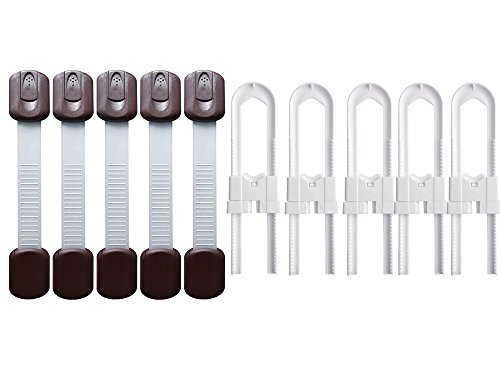 5 Packs Child Safety Straps Adjustable 3M Adhesive Furniture Latches and 5 Packs Baby Proof Cabinet Locks for Toddler Proofing Cabinets, Drawers, Appliances, Toilet Seat, Fridge, Oven, Window (Brown)