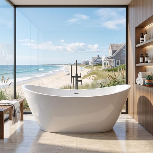 IDEALHOUSE 67" Acrylic Freestanding Bathtub, Deep Soaking Tub White