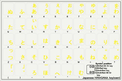JAPANESE HIRAGANA KEYBOARD STICKERS WITH YELLOW LETTERING ON TRANSPARENT BACKGROUND FOR DESKTOP, LAPTOP AND NOTEBOOK