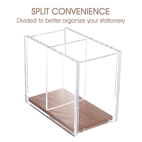 Acrylic Pencil Pen Holder Large, Zodaca [2 Compartments with Wood Base] Acrylic Pen Pencil Holder Large Capacity for Desk Desktop Stationery Organizer Desk Accessories, Clear/Brown (4.9" x 4" x 2.9")
