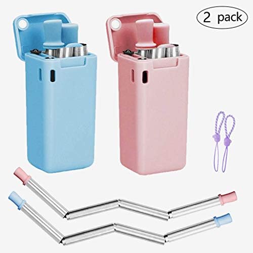 2 Pack Collapsible Reusable Straw, Stainless-grade Portable Straw，with Case and Cleaning Brush for Travel,Household,Outdoor(Blue/Pink)
