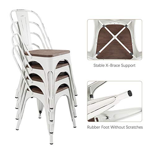 Furniwell Metal Dining Chairs with Wood Seat, Distressing Tolix Style