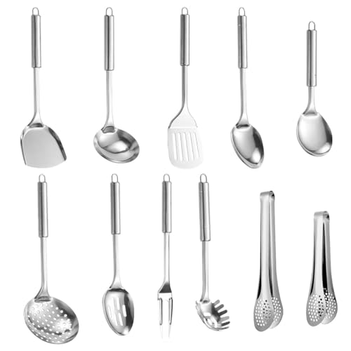 Juego de Utensilios de Cocina de Acero Inoxidable 11pcs Antiadherentes con Mango Resistente al Calor Accesorios de Cocina con Cucharones, Palas y Pinzas de Cocina