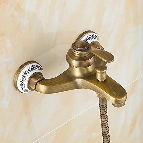 HomeLava Bathtub Faucet with Shower, Retro Brass Single Lever Wall Mounted Shower Mixer Tap Single Lever Bathroom Mixer Tap Brass Wall Mounted