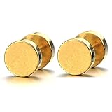 2pcs Gold Screw Stud Earrings Men, Stainless Steel Cheater Fake Ear Plugs Gauges Illusion Tunnel