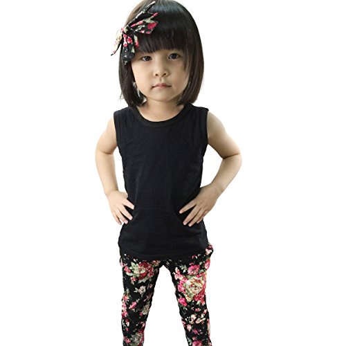 Jastore Girls Baby Sets 3PCS Sleeveless Shirt/Tops + Floral Pants + Headband Vogue Clothes (3-4 Years)