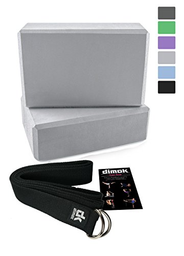 dimok 2 Yoga Blocks and Strap Set - High Density Eco-Friendly Premium Quality - 2 Foam Blocks 9"x6"x4" and 8FT Yoga Belt with Metal D-Ring (Light Grey)