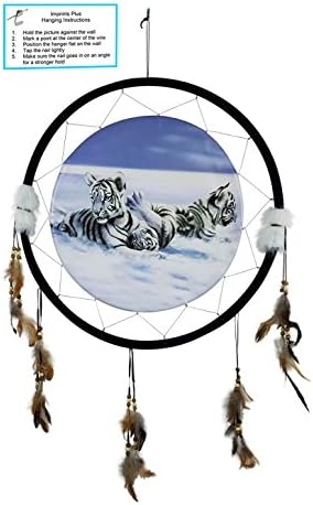 Imprints Plus THREE TIGERS SNOW Dream Catcher 24” x 42” Natural Wall Hanging with Beads, Feathers, Hanging Nail and Descriptive Card Bundle by (1053)