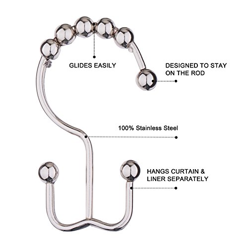 TENOVEL Never Rust 304 Stainless Steel Shower Rings, Rustproof Shower Curtain Hooks,Heavy Duty Roller Double Glide Shower Curtain Hooks for Bathroom Shower Liners, Brushed Nickel,Set of 12 Hooks - Thumbnail 2