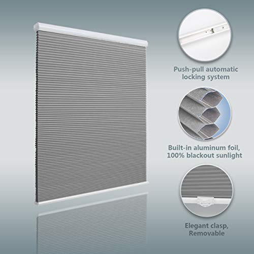 Honeycomb Blinds Cellular Shades Window Blinds and Shades Blackout Blinds Fabric Blinds for Home and Office, Grey-White, 39x64