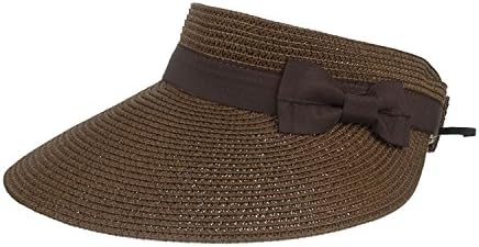 Womens UV Sun Protective Roll-Up Summer Visor Solid color with bowknot Femal Paper Straw Hat Beach Sun Hat C036 Coffee