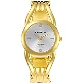 Weicam Women Simple Gold Round Dial Cuff Bangle Bracelet Analog Quartz Wristwatch