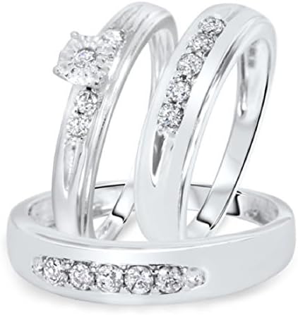 Smjewels Men's & Women's 1/2 CT Diamond Trio Wedding Ring Set 14k White Gold .925 Silver