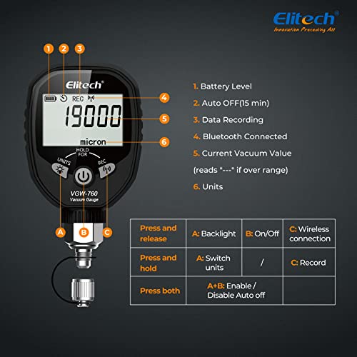 Elitech Wireless Digital Vacuum Gauge HVAC Micron Gauge 019000 Micron