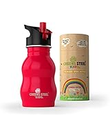 Kids Stainless Steel Water Bottle 12 oz - Sippy Cup Leak Proof Sports Cap with Straw - Metal Kids Bottle - Toddler Child Friendly Flask (Red)