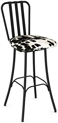 Amisco Club Swivel Metal Barstool in Textured Black Metal and Soft Black and White Faux Cowhide Fabric