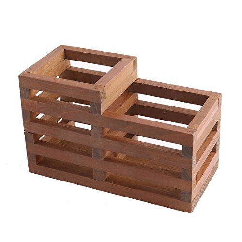 DealMux Wood Office School Hollow Out Two Compartment Pen Ruler Pencil Holder Organizer
